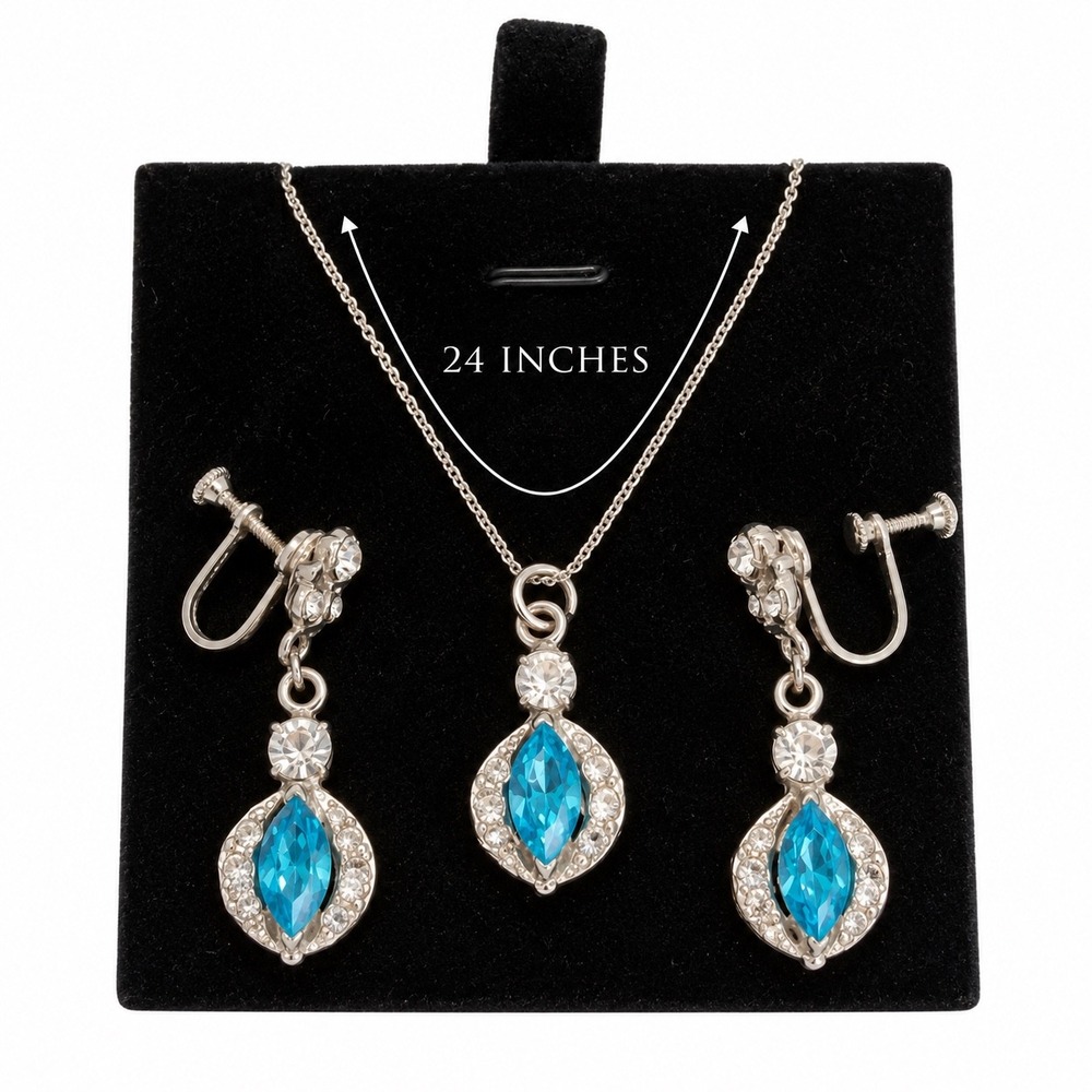 Blue Cat Eye Rhinestone Necklace Earring Set Silver Tone 24" Statement